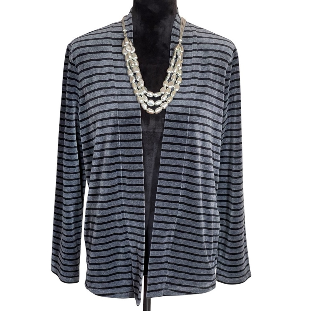 TALBOTS TAILORED PLUSH VELOUR GRAY AND BLACK STRIPPED CARDIGAN SZ SM